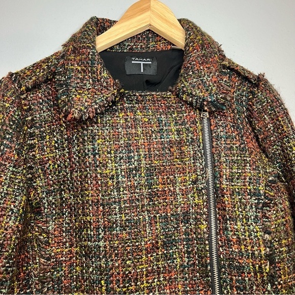 Tahari Women's Sz 8 Twill Knit Frayed Edge Zip Up Blazer Jacket Multicolor Moto - Picture 3 of 16